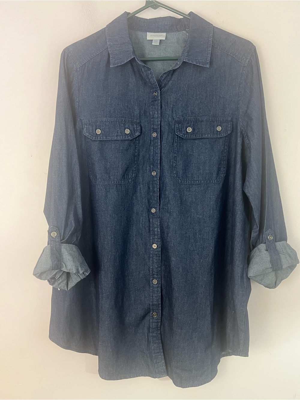 Avenue Chambray Denim Shirt Dress Tunic 14/16 Blue Roll Tab Sleeve Cotton